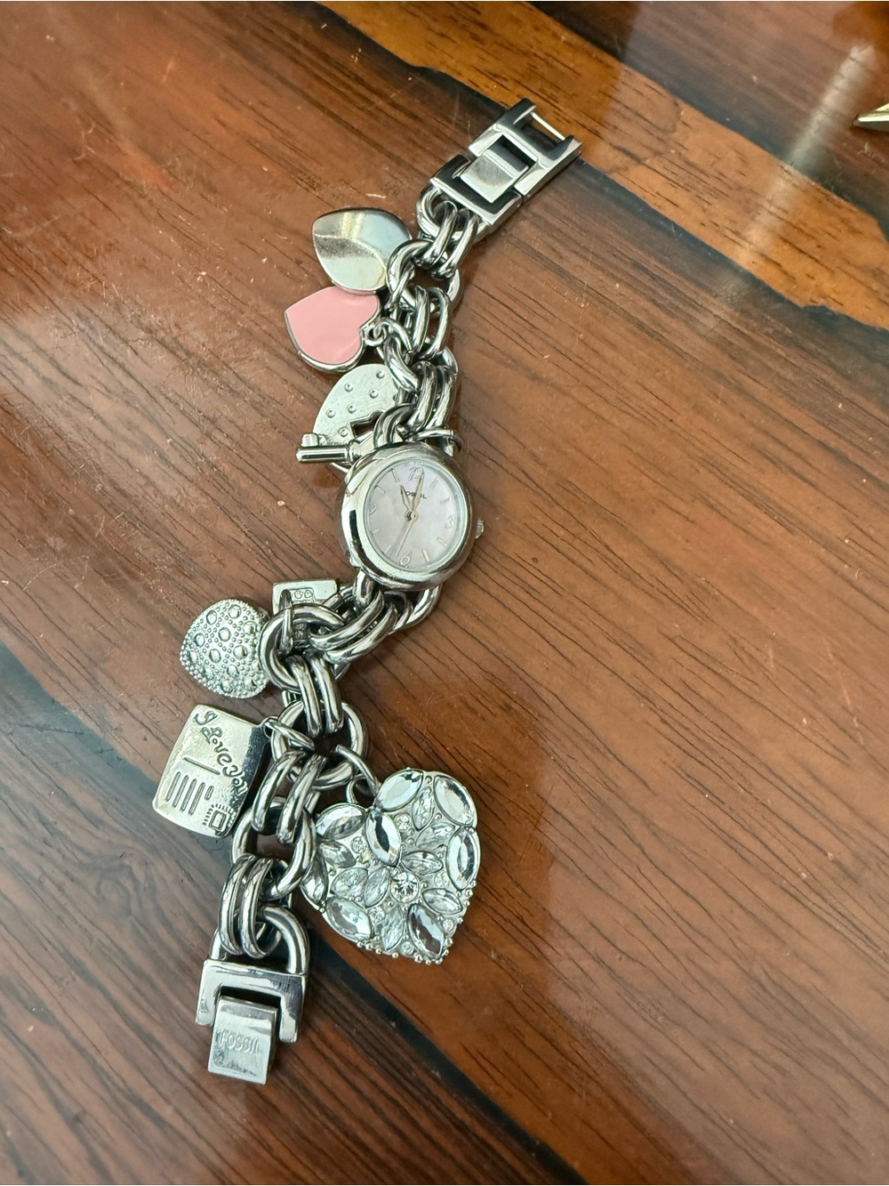 Fossil Silver-Tone Charm Bracelet Watch with Pink Heart Accent